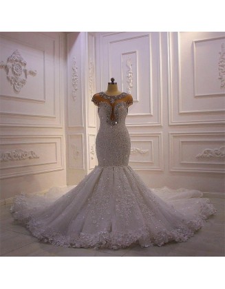 Jancember AM639 O-Neck Short Sleeve Crystal Plus Size Wedding Dresses For Bride