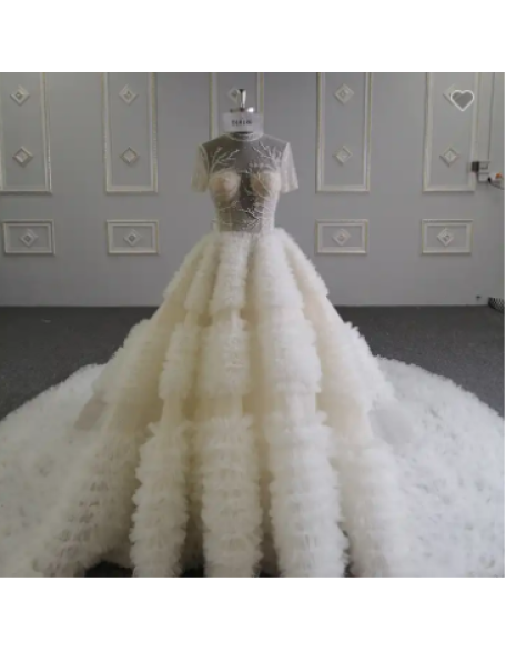 Baiyi High Quality High Neck Short Sleeve Multi-Large Skirt Ball Gown Long Tail Illusion Crystal Beaded Wedding Gown D18186